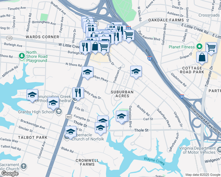 map of restaurants, bars, coffee shops, grocery stores, and more near 7317 Woodfin Avenue in Norfolk