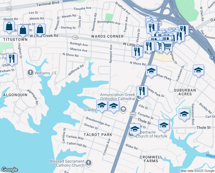 map of restaurants, bars, coffee shops, grocery stores, and more near 7231 Newport Avenue in Norfolk