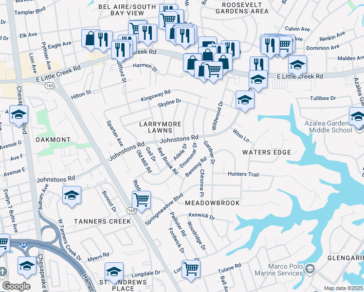 map of restaurants, bars, coffee shops, grocery stores, and more near 7045 Adele Drive in Norfolk