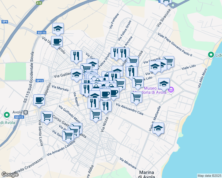 map of restaurants, bars, coffee shops, grocery stores, and more near 253 Corso Vittorio Emanuele in Avola