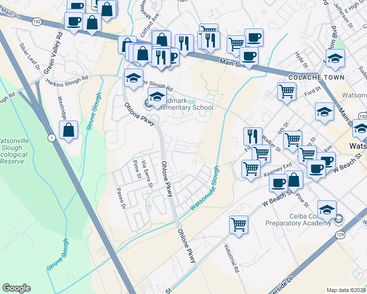 map of restaurants, bars, coffee shops, grocery stores, and more near 429 Annie Drive in Watsonville