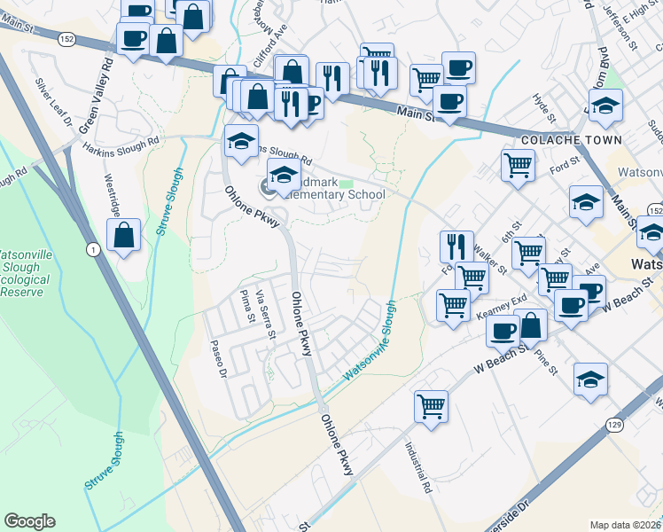 map of restaurants, bars, coffee shops, grocery stores, and more near 429 Annie Drive in Watsonville