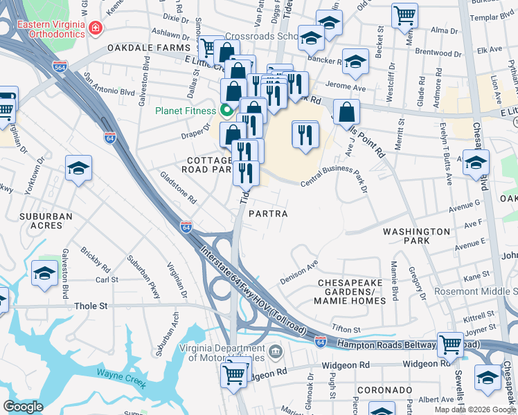 map of restaurants, bars, coffee shops, grocery stores, and more near 7454 Tidewater Drive in Norfolk