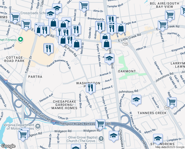 map of restaurants, bars, coffee shops, grocery stores, and more near 7408 Davidson Street in Norfolk