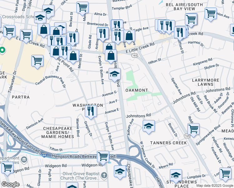 map of restaurants, bars, coffee shops, grocery stores, and more near 1043 Avenue G in Norfolk