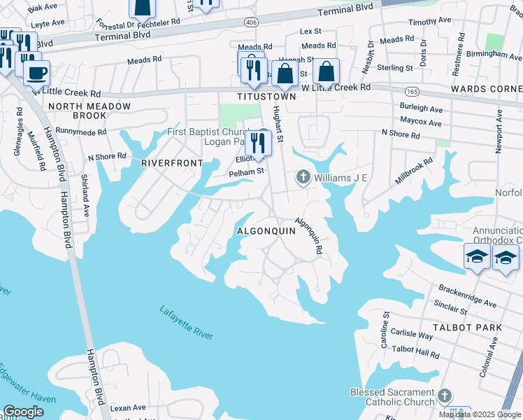 map of restaurants, bars, coffee shops, grocery stores, and more near 1101 North Shore Road in Norfolk