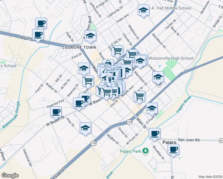 map of restaurants, bars, coffee shops, grocery stores, and more near in Watsonville