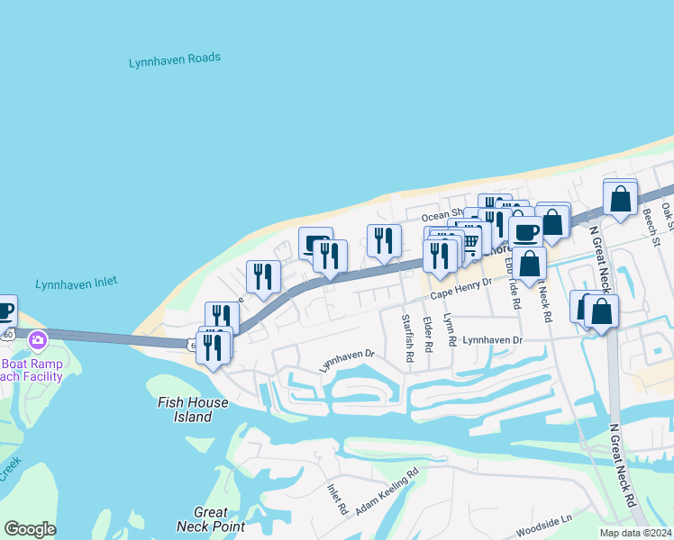map of restaurants, bars, coffee shops, grocery stores, and more near 2320 Beach Haven Drive in Virginia Beach