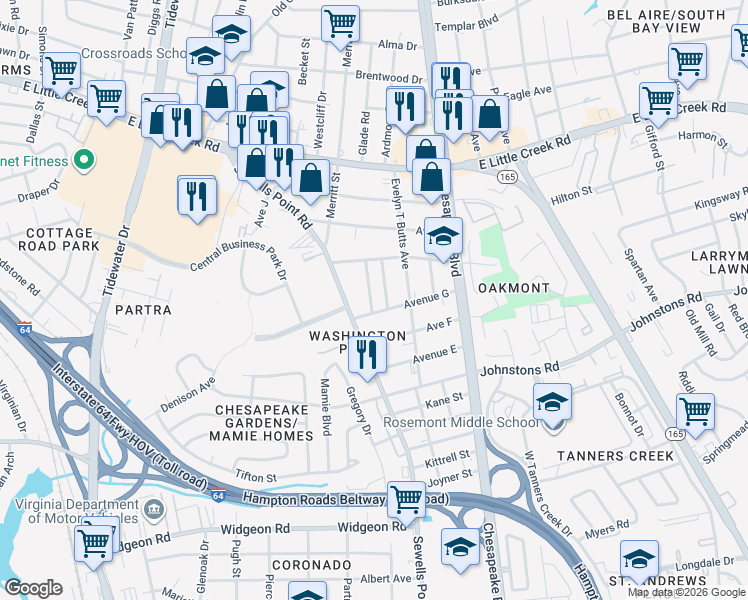 map of restaurants, bars, coffee shops, grocery stores, and more near 7421 Davidson Street in Norfolk