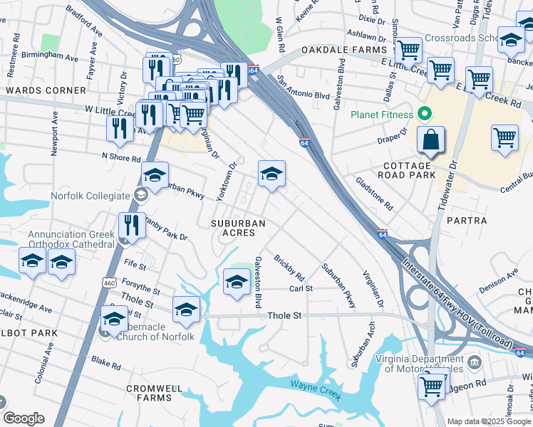 map of restaurants, bars, coffee shops, grocery stores, and more near 7410 Parkdale Drive in Norfolk