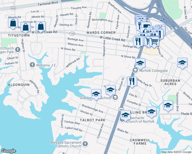 map of restaurants, bars, coffee shops, grocery stores, and more near 426 Westport Street in Norfolk