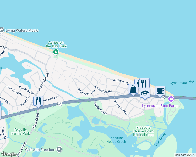 map of restaurants, bars, coffee shops, grocery stores, and more near 2241 Woodlawn Avenue in Virginia Beach
