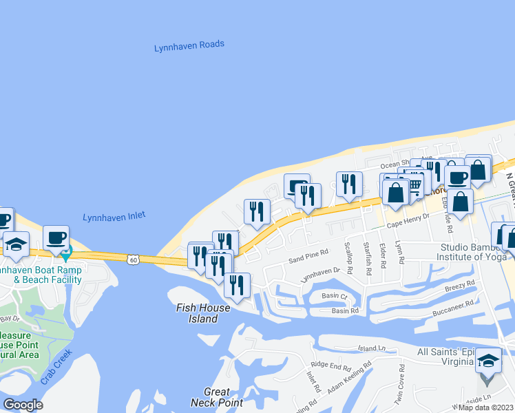 map of restaurants, bars, coffee shops, grocery stores, and more near 2388 Bays Edge Avenue in Virginia Beach
