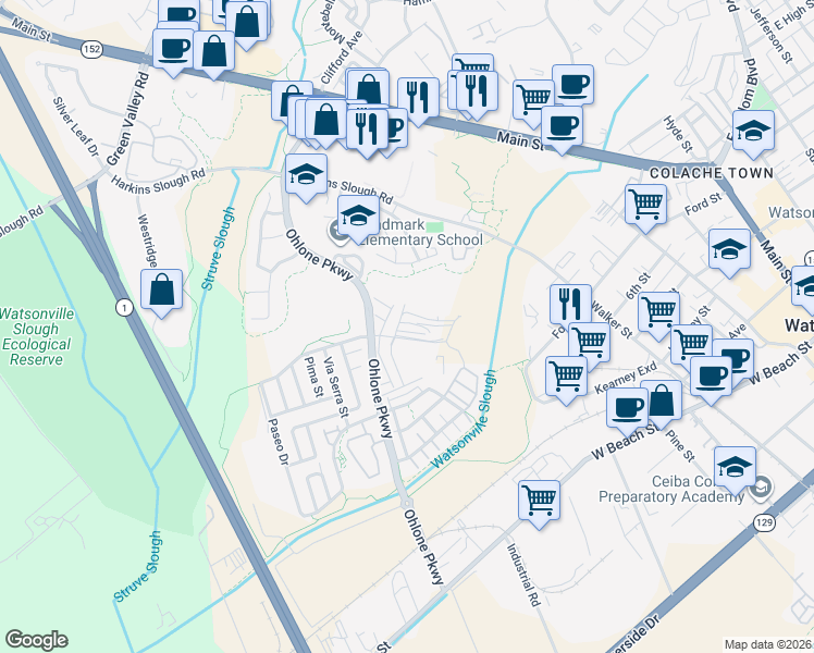 map of restaurants, bars, coffee shops, grocery stores, and more near 409 Annie Drive in Watsonville