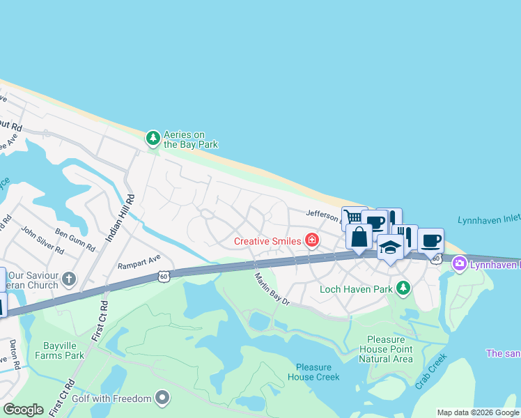 map of restaurants, bars, coffee shops, grocery stores, and more near 3839 Jefferson Boulevard in Virginia Beach