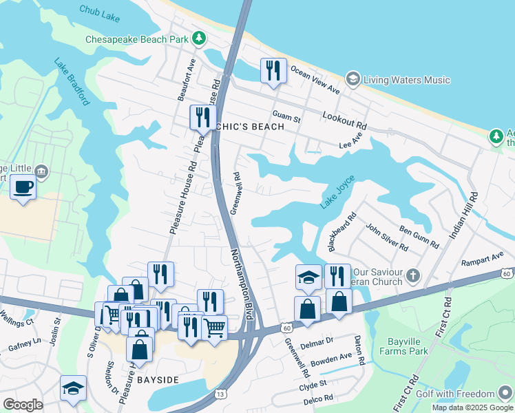 map of restaurants, bars, coffee shops, grocery stores, and more near 4525 Powells Point Road in Virginia Beach