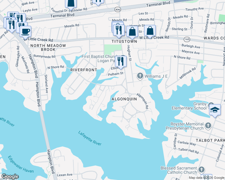 map of restaurants, bars, coffee shops, grocery stores, and more near 1109 North Shore Road in Norfolk