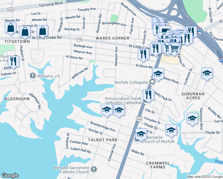 map of restaurants, bars, coffee shops, grocery stores, and more near 426 Westport Street in Norfolk