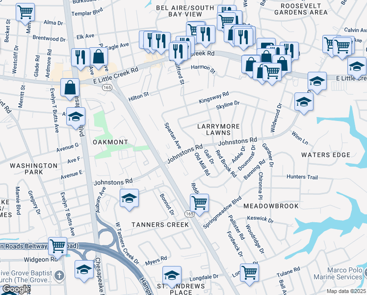 map of restaurants, bars, coffee shops, grocery stores, and more near 7400 Spartan Avenue in Norfolk