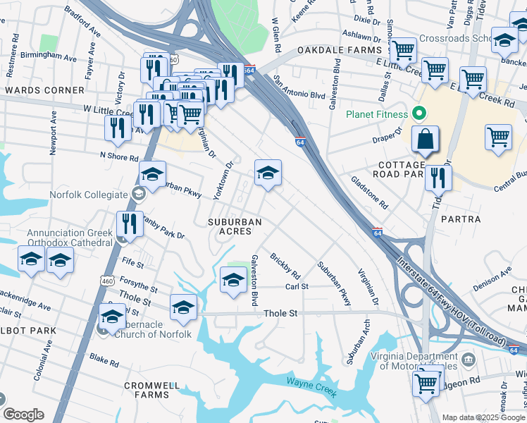 map of restaurants, bars, coffee shops, grocery stores, and more near 7410 Parkdale Drive in Norfolk