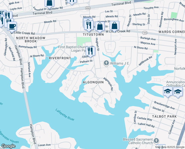 map of restaurants, bars, coffee shops, grocery stores, and more near 1101 North Shore Road in Norfolk