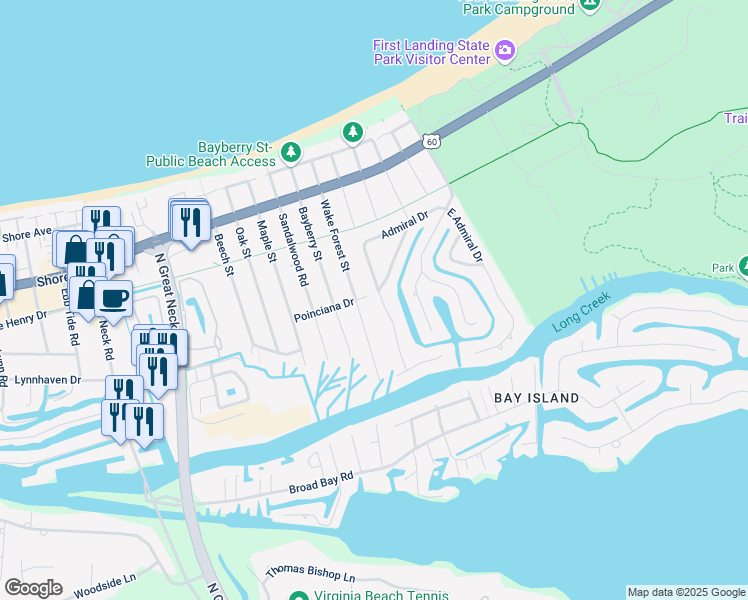 map of restaurants, bars, coffee shops, grocery stores, and more near 2137 West Admiral Drive in Virginia Beach