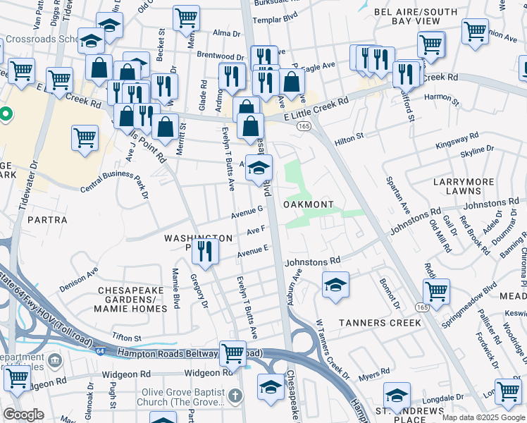 map of restaurants, bars, coffee shops, grocery stores, and more near 1043 Avenue G in Norfolk
