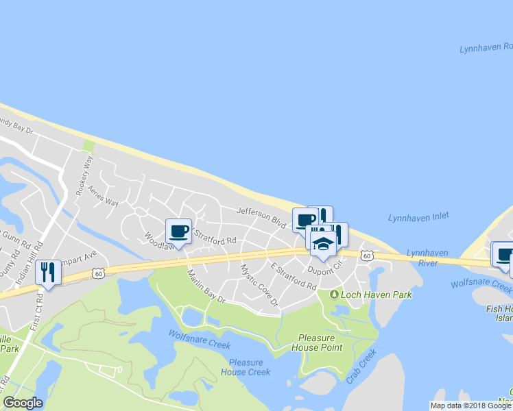 map of restaurants, bars, coffee shops, grocery stores, and more near 3752 Jefferson Boulevard in Virginia Beach