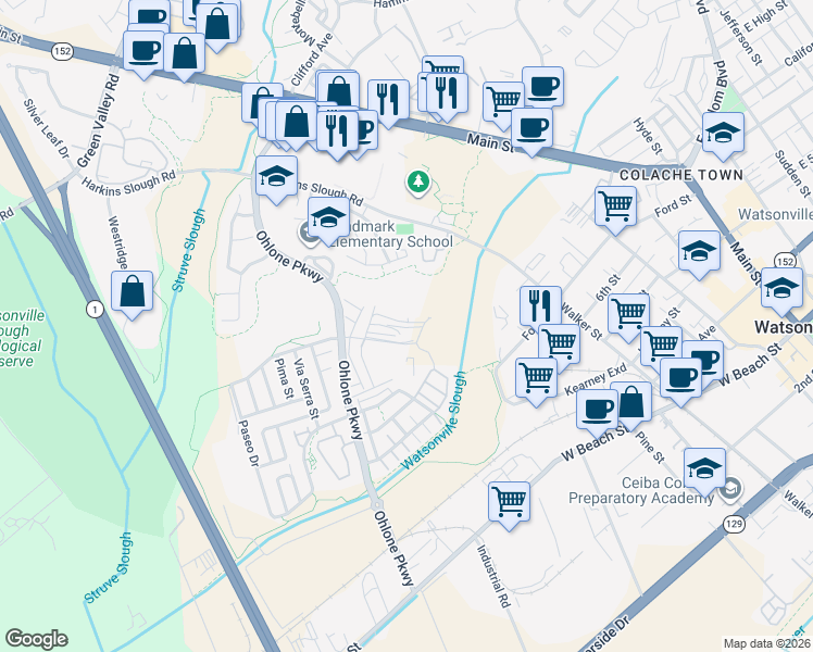 map of restaurants, bars, coffee shops, grocery stores, and more near 511 Ohlone Parkway in Watsonville