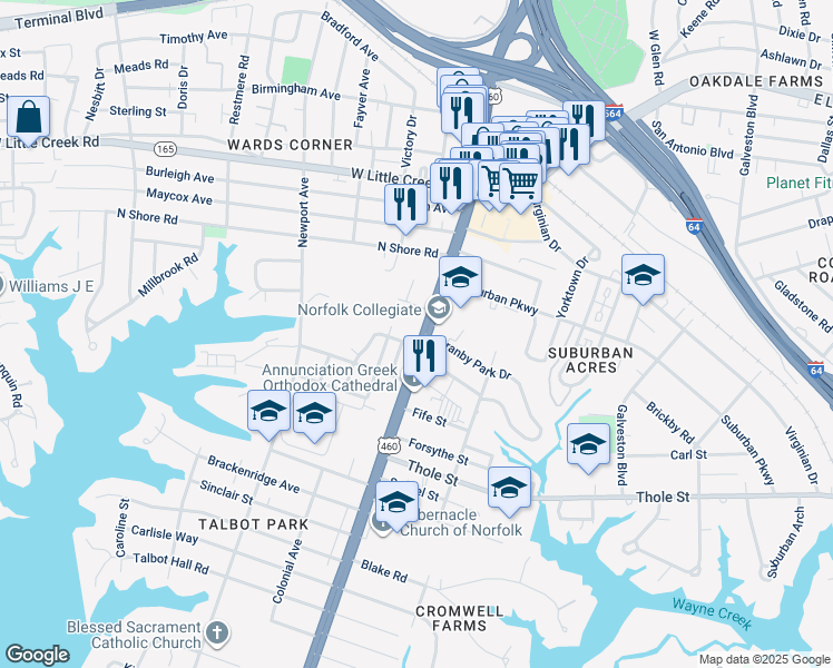 map of restaurants, bars, coffee shops, grocery stores, and more near 7305 Granby Street in Norfolk