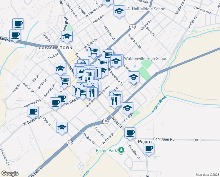 map of restaurants, bars, coffee shops, grocery stores, and more near 134 Maple Avenue in Watsonville