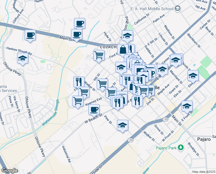 map of restaurants, bars, coffee shops, grocery stores, and more near 130 Kearney Street in Watsonville
