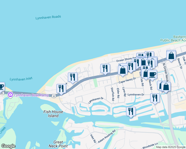map of restaurants, bars, coffee shops, grocery stores, and more near 2320 Beach Haven Drive in Virginia Beach