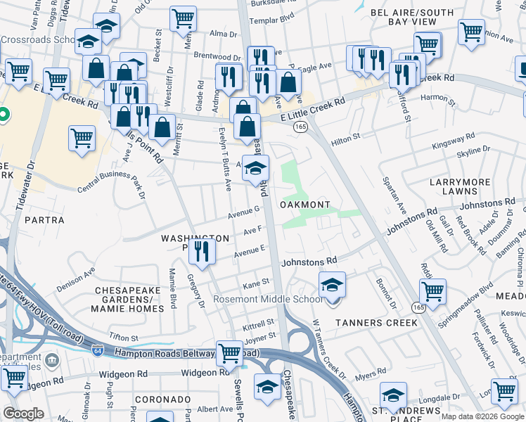 map of restaurants, bars, coffee shops, grocery stores, and more near 7465 Rosefield Drive in Norfolk