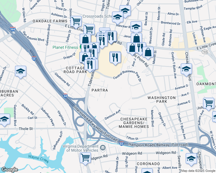 map of restaurants, bars, coffee shops, grocery stores, and more near 7671 Central Business Park Drive in Norfolk