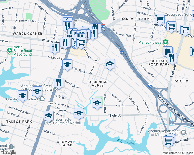 map of restaurants, bars, coffee shops, grocery stores, and more near 221 Suburban Parkway in Norfolk