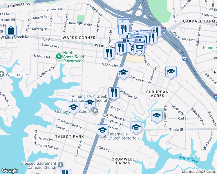 map of restaurants, bars, coffee shops, grocery stores, and more near 7309 Granby Street in Norfolk