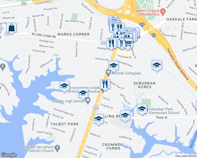 map of restaurants, bars, coffee shops, grocery stores, and more near 118 Marcy Street in Norfolk