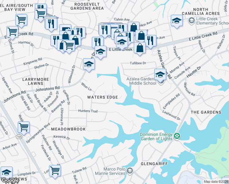 map of restaurants, bars, coffee shops, grocery stores, and more near 7106 Grayfalcon Drive in Norfolk