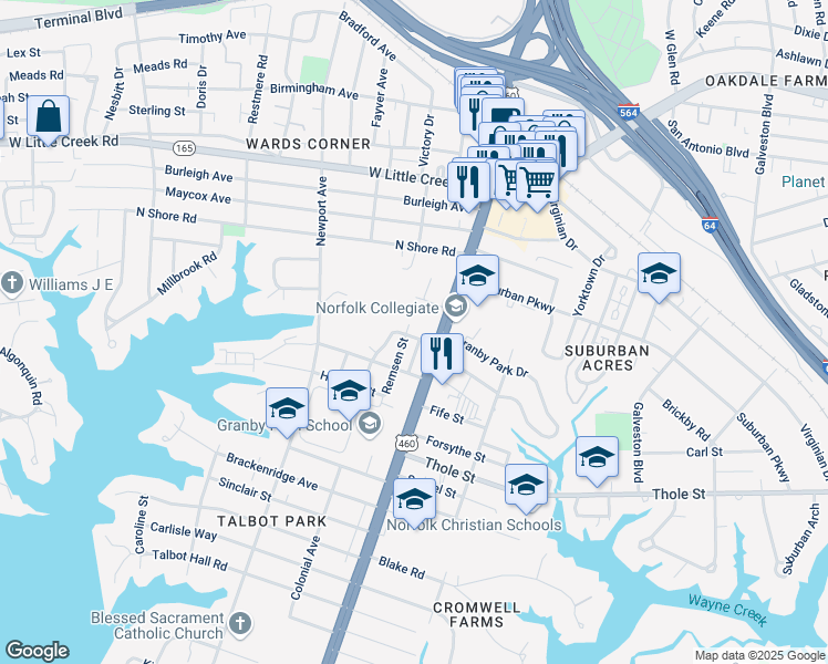 map of restaurants, bars, coffee shops, grocery stores, and more near 118 Marcy Street in Norfolk