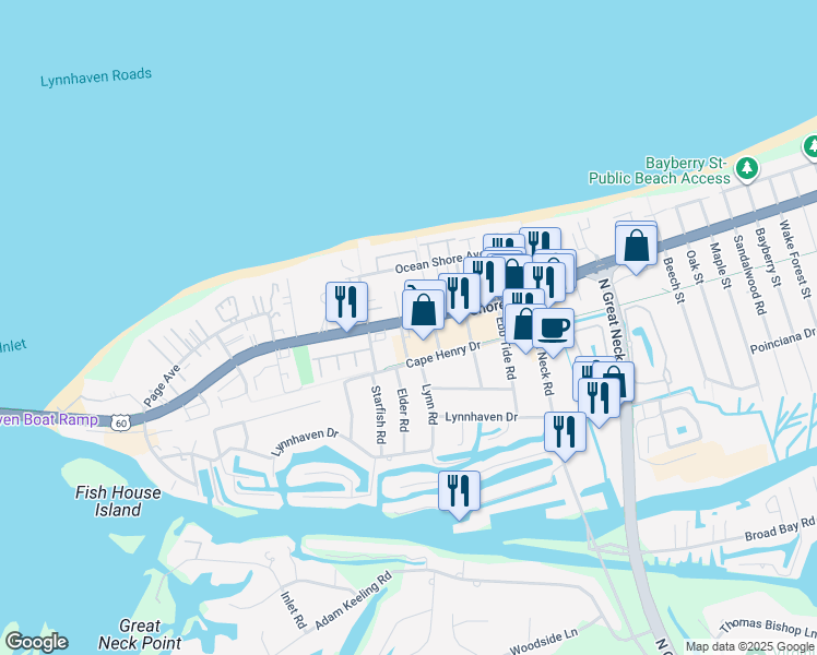 map of restaurants, bars, coffee shops, grocery stores, and more near 2993 Shore Dr in Virginia Beach
