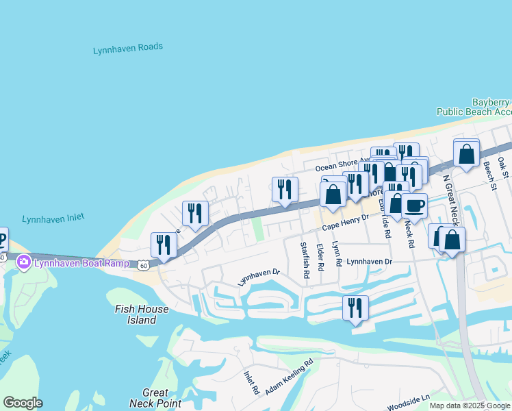 map of restaurants, bars, coffee shops, grocery stores, and more near 2312 Beach Haven Drive in Virginia Beach