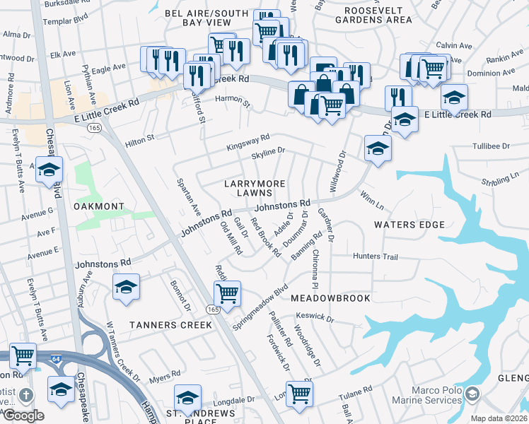 map of restaurants, bars, coffee shops, grocery stores, and more near 1705 Johnstons Road in Norfolk