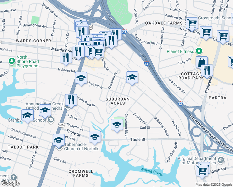 map of restaurants, bars, coffee shops, grocery stores, and more near 261 Suburban Parkway in Norfolk