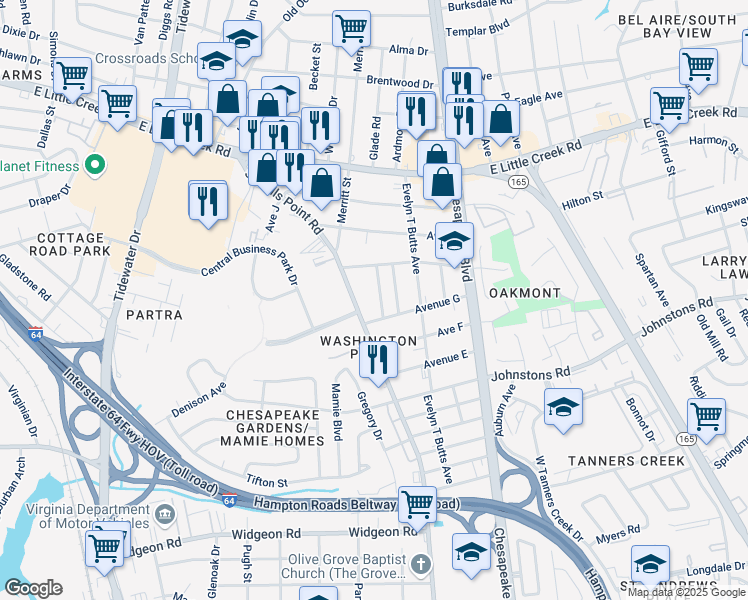 map of restaurants, bars, coffee shops, grocery stores, and more near 7421 Davidson Street in Norfolk