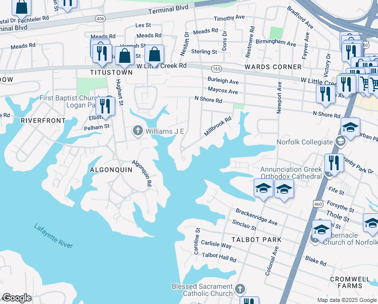 map of restaurants, bars, coffee shops, grocery stores, and more near 7310 Ruthven Road in Norfolk