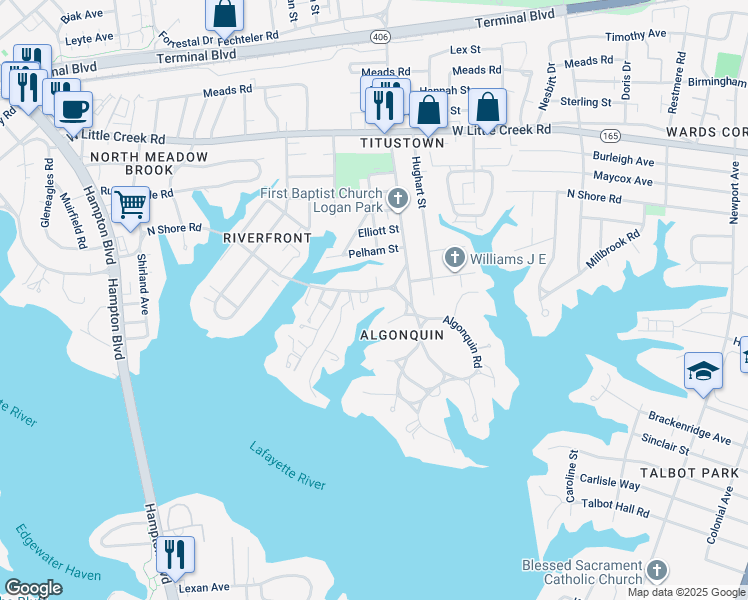 map of restaurants, bars, coffee shops, grocery stores, and more near 1113 North Shore Road in Norfolk