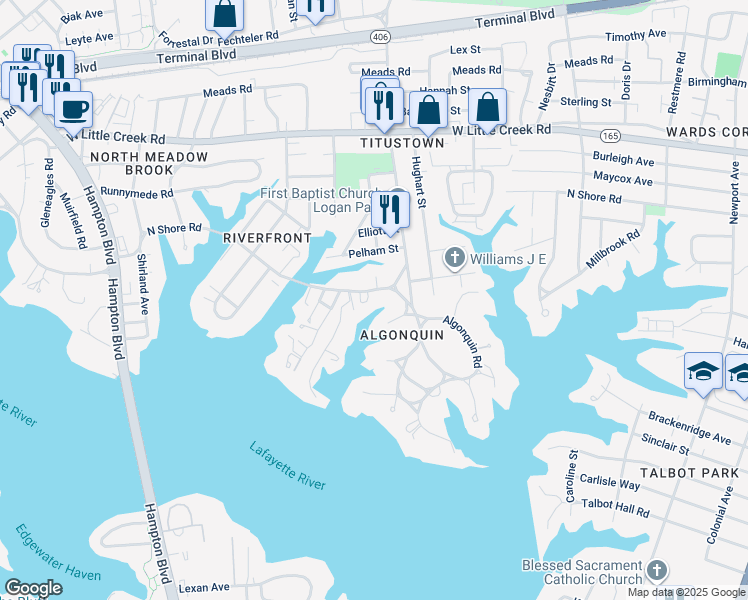 map of restaurants, bars, coffee shops, grocery stores, and more near 1113 North Shore Road in Norfolk