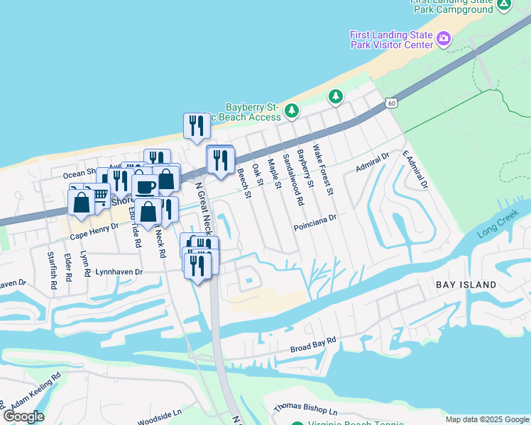 map of restaurants, bars, coffee shops, grocery stores, and more near 2222 Beech Street in Virginia Beach
