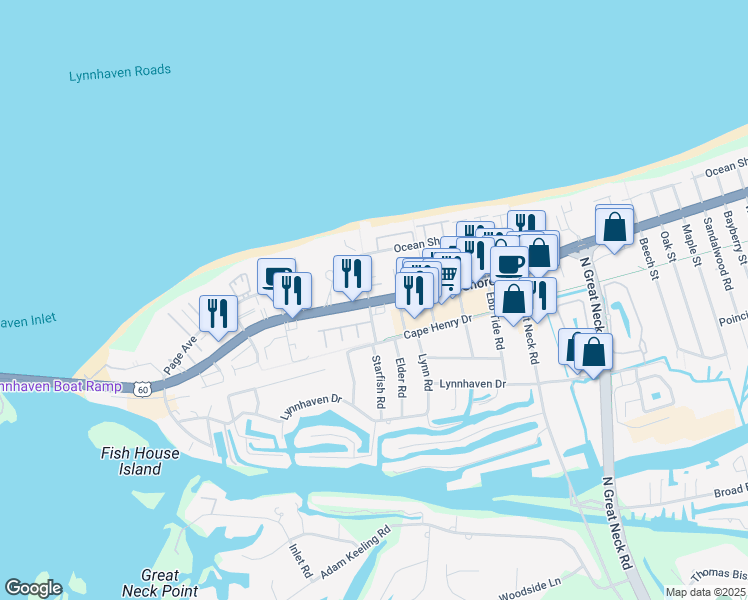 map of restaurants, bars, coffee shops, grocery stores, and more near 2301 Urchin Road in Virginia Beach